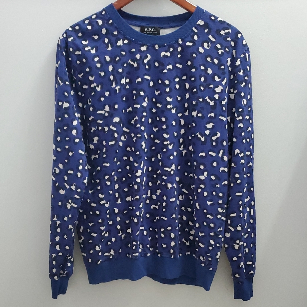 A.P.C. Rue Madame Paris Blue Leopard Print Crew Neck Sweater Size Medium